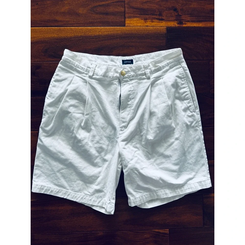 IZOD Pleated Chino Shorts Mens 34 White Excellent Cotton Twill Classic Fit